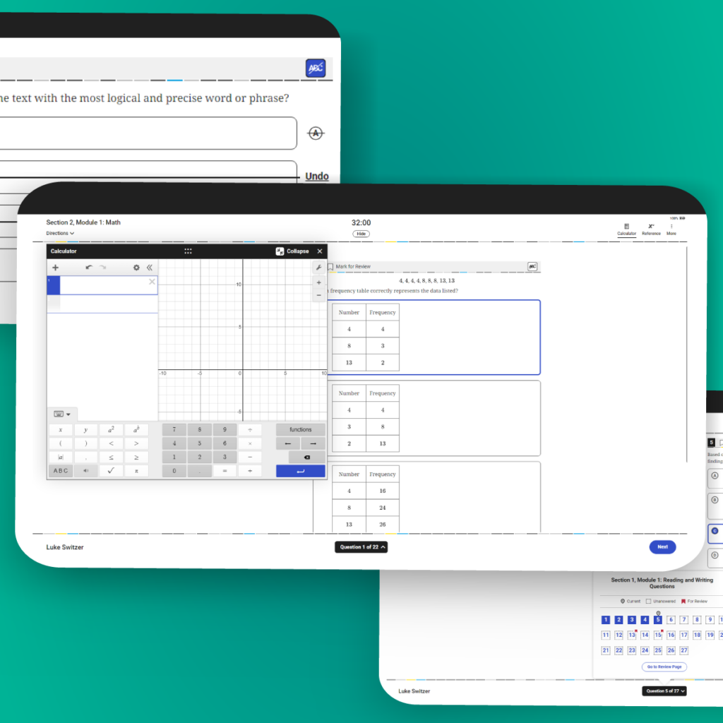 multiple screenshots of an online test prep software for high school students