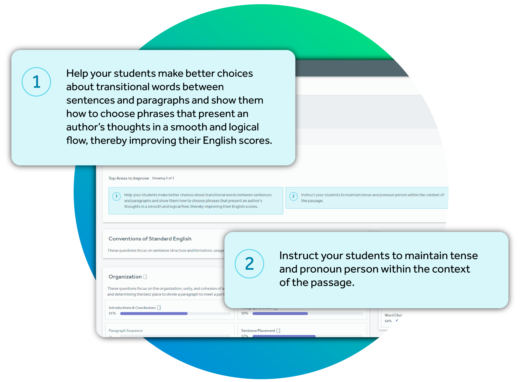 Teacher pov ui of the Recommendations portion from the MasteryPrep Practice Testing & Analysis