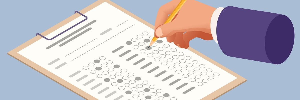 The student filling out answers to exam test answer sheet with a pencil. Education concept. Isometric vector illustration.